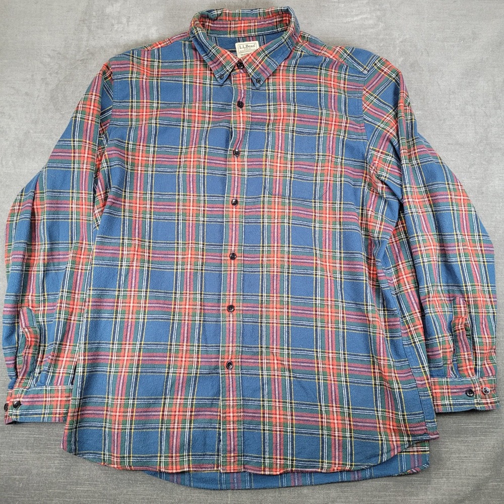 LL Bean Mens XL Flannel Shirt Blue Red Plaid Traditional‎ Fit Button Down Cotton